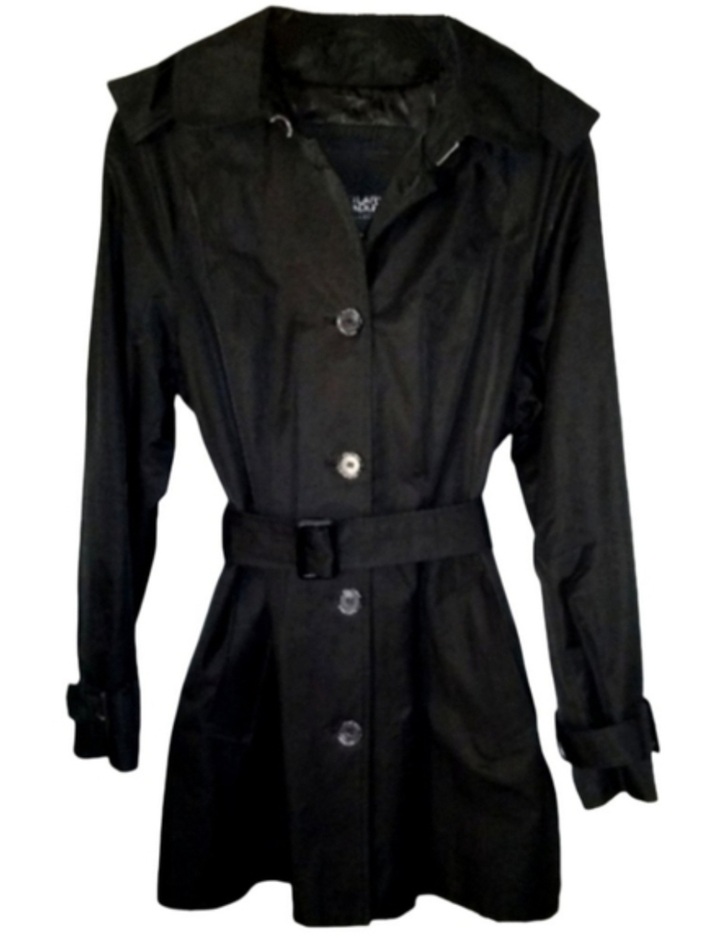 Belted Black Trenchcoat Hooded Trench Coat Lightweight Jacket Removable Hood M